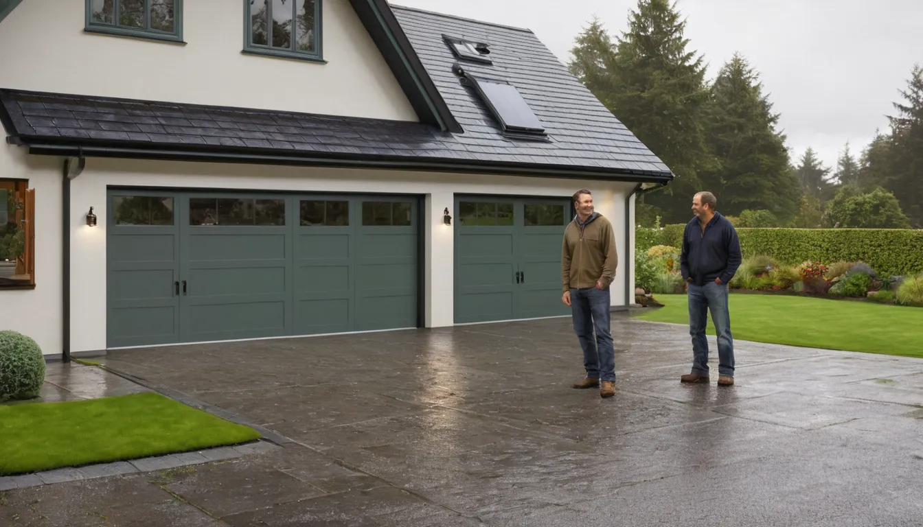 A friendly provider checking a newly installed garage door on a craftsman-style home in Seattle