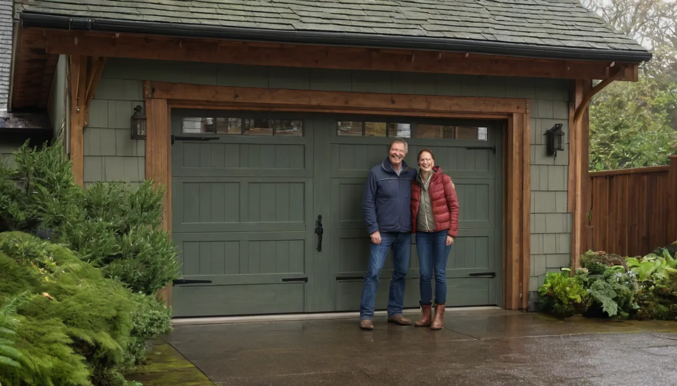 A homeowner in Seattle talking with a friendly garage door provider beside an older craftsman garage